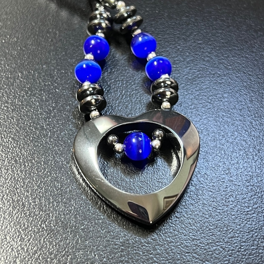 Hematite Heart Pendant with Blue and Black Beads‎ Necklace